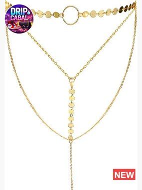 Layered Sequins Choker Necklace with Thin Long Chain Pendant